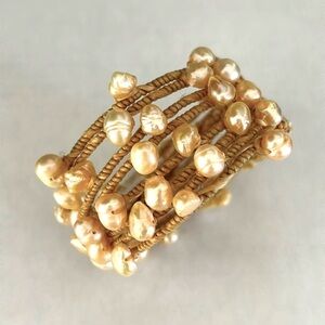 faux pearl light brown cotton rope adjustable cuff bracelet